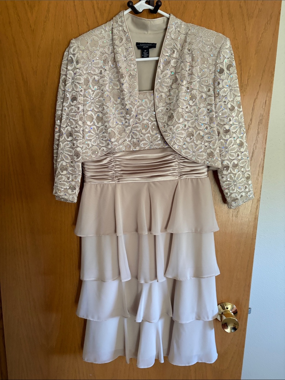 R&M Richards Champagne Tiered Chiffon Dress with Beaded Bolero